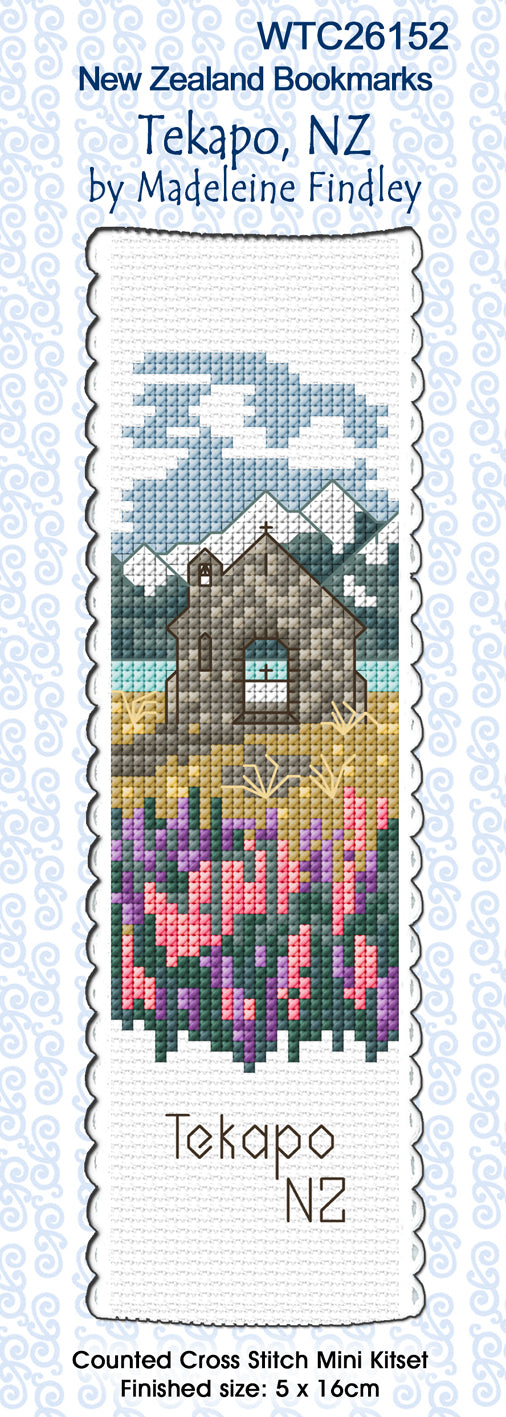 New Zealand designed Cross-stitch bookmark with Tekapo motifs.