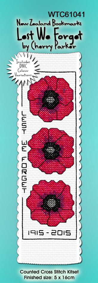 New Zealand designed Cross-stitch bookmark with ANZAC poppies.