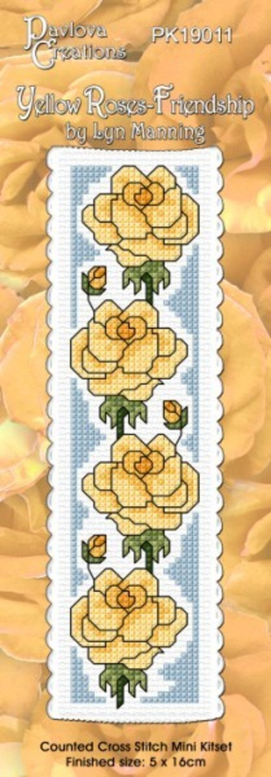 Cross-stitch kit for 'Yellow Roses' by Lyn Manning with yellow and green flowers on a white background.