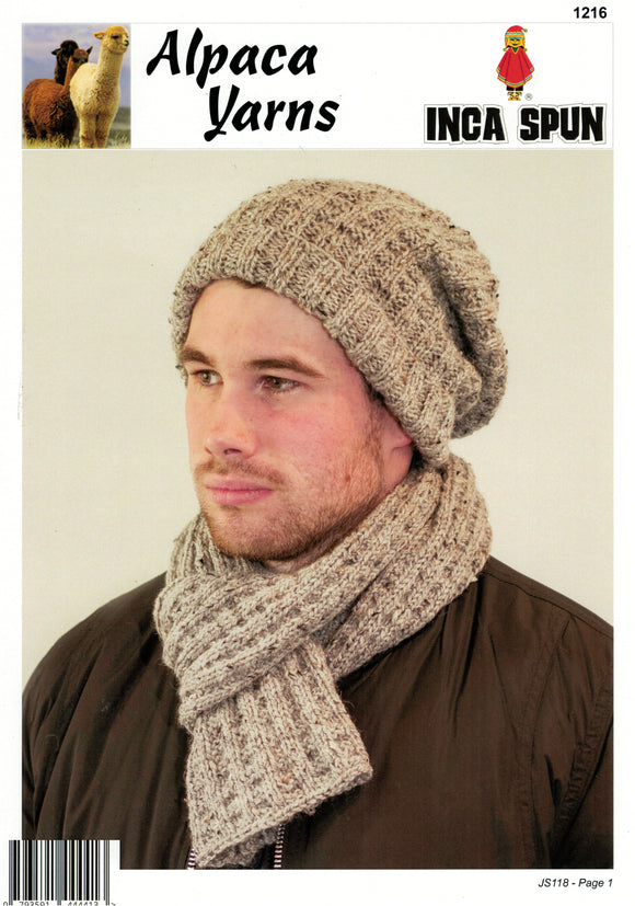 Inca Spun Knitting Pattern 1216 - Adult Textured Hat and Scarf in 10-Ply / Worsted-weight