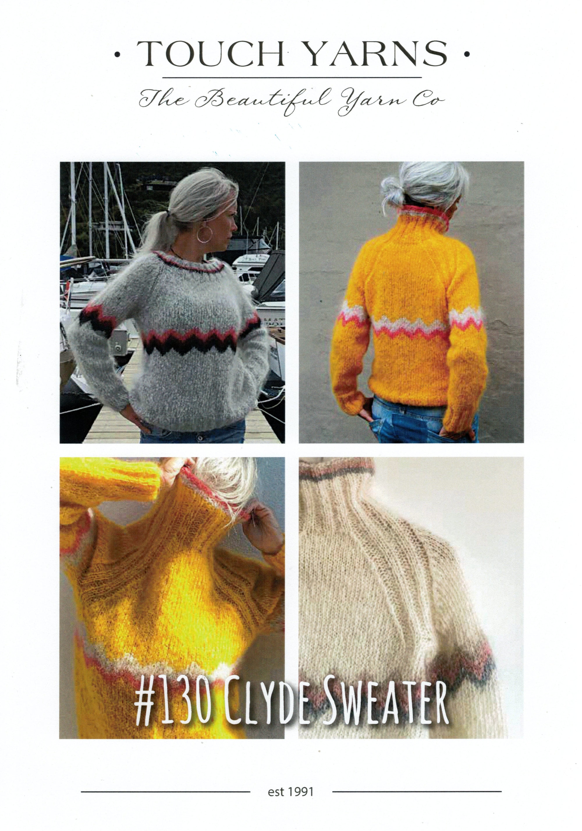 Touch Knitting Pattern - 130 Clyde Mohair Jumper with Crew or Turtleneck and Colourwork in 12-Ply / Aran weight Brushed Yarn