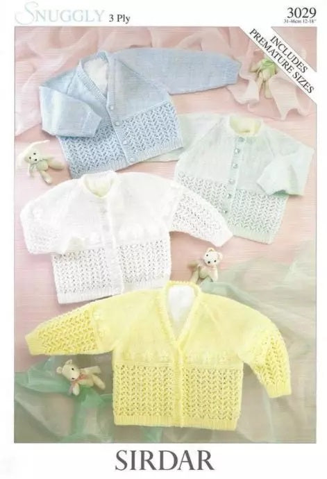 Sidar Knitting Pattern 3029 - Four Baby Cardigans with V-neck or Round neck in 3-ply / Light Fingering for Ages Preemie to 12 months