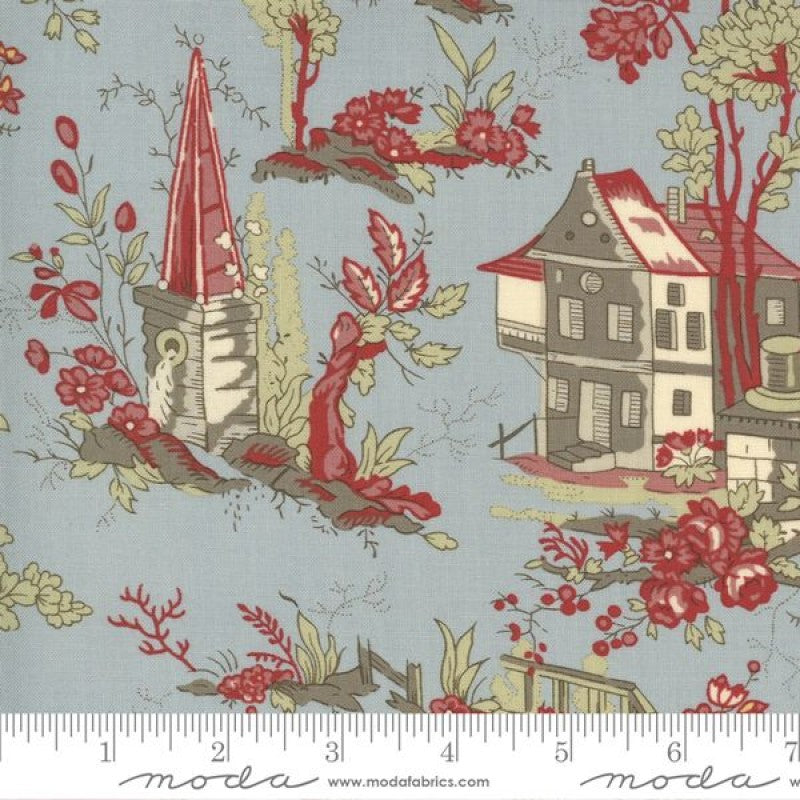 Quilting Fabric with a Chinese Toile floral and house design in red, green, and beige on a blue background.