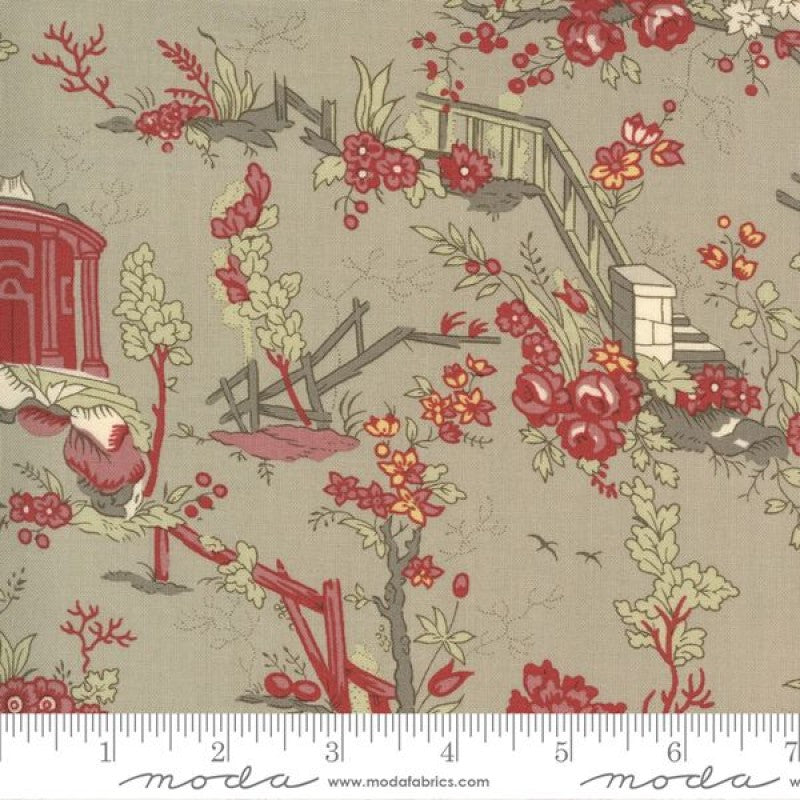 Quilting Fabric with a Chinese Toile floral and garden design, featuring a red gazebo, trees, and birds on a grey-brown background.