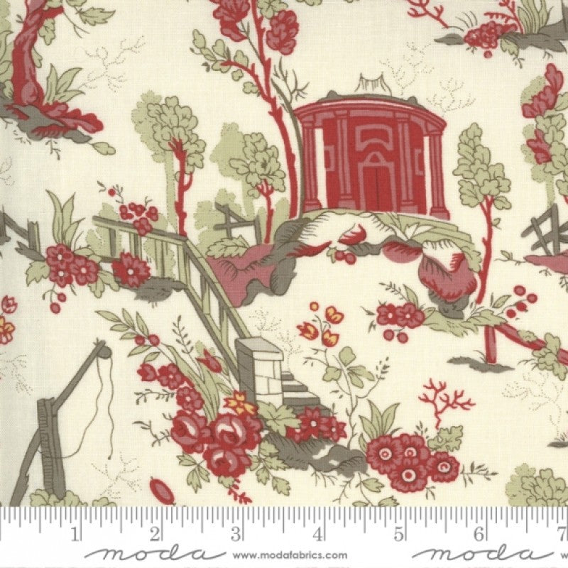 Quilting Fabric with a Chinese Toile floral and garden design, featuring a red gazebo, trees, and birds on a pearly off-white background.