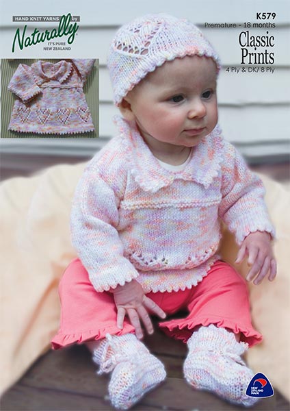 Naturally Knitting Pattern K579- Baby's Lacy Textured Pullover, Booties and Hat in 4-ply / Fingering or 8-ply / DK for ages Premature to 18 months