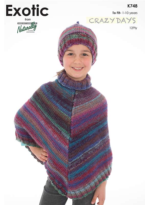 Naturally Knitting Pattern K748 - Girls Poncho & Hat for ages 1-10 in 12-ply / Aran weight for ages 1-10