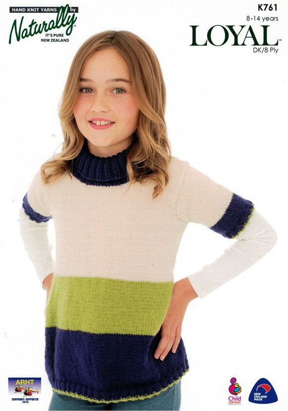 Naturally Knitting Pattern K761 - Girls Flared Three-tone Top in 8-ply /DK for Ages 8-14