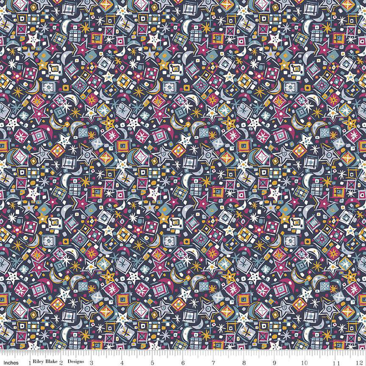 A Liberty of London quilting fabric with a Christmas-themed design featuring various festive motifs in pinks and gold on a blue background.