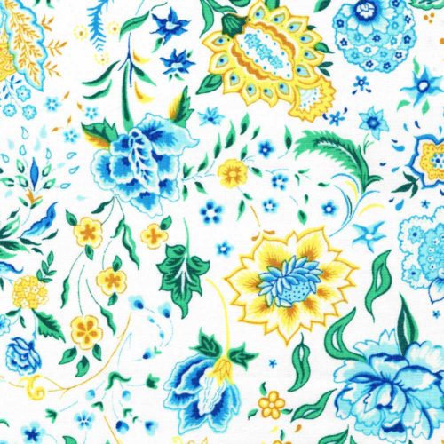 A quilting fabric from the Liberty of London collection featuring a light floral design with blue and white flowers on a blue background.
