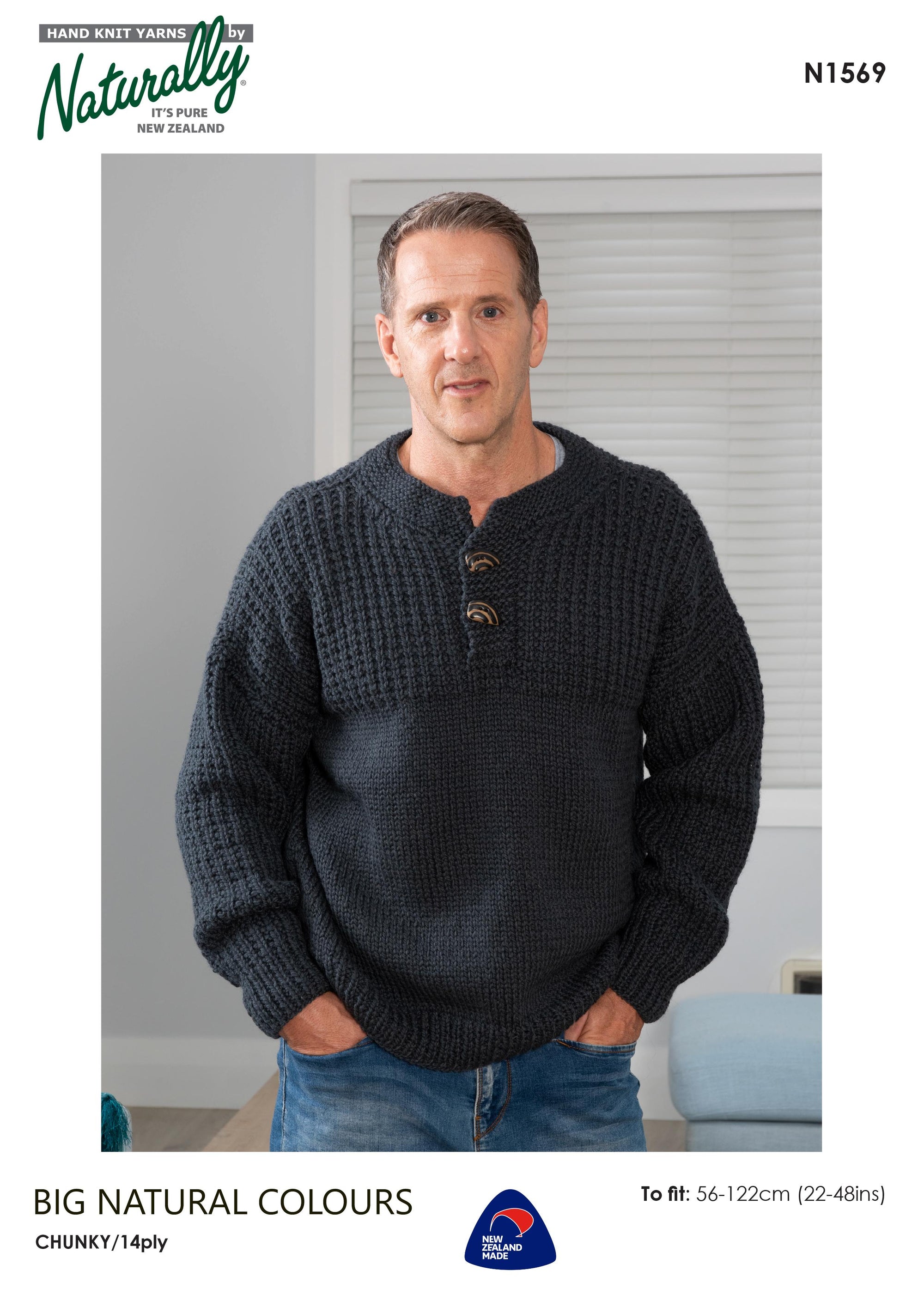 Naturally Knitting Pattern N1569 - Childs and Mens Chunky Pullover with buttons in 14-ply / Chunky for ages 2 years to Adult