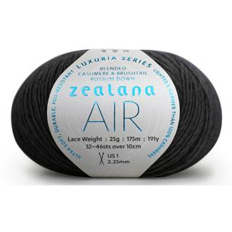 Ball of dark charcoal grey yarn with a  'Zealana Air Lace' label on a white background