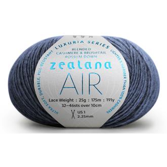 Ball of dusty slate blue yarn with a 'Zealana Air Lace' label on a white background
