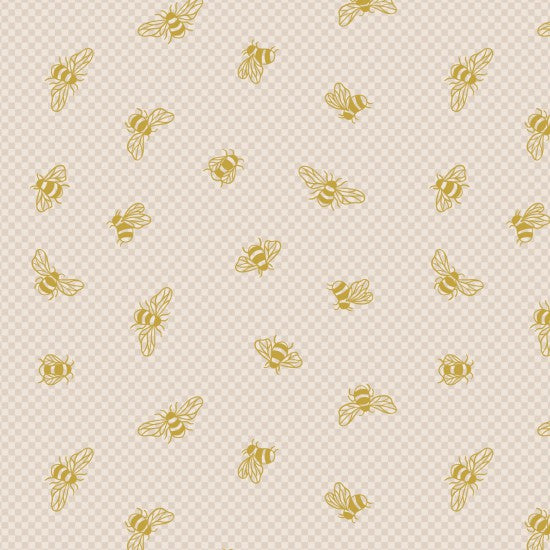 A Quilting fabric with a lightly checkered background featuring gold-overlay accents in the form of bees.