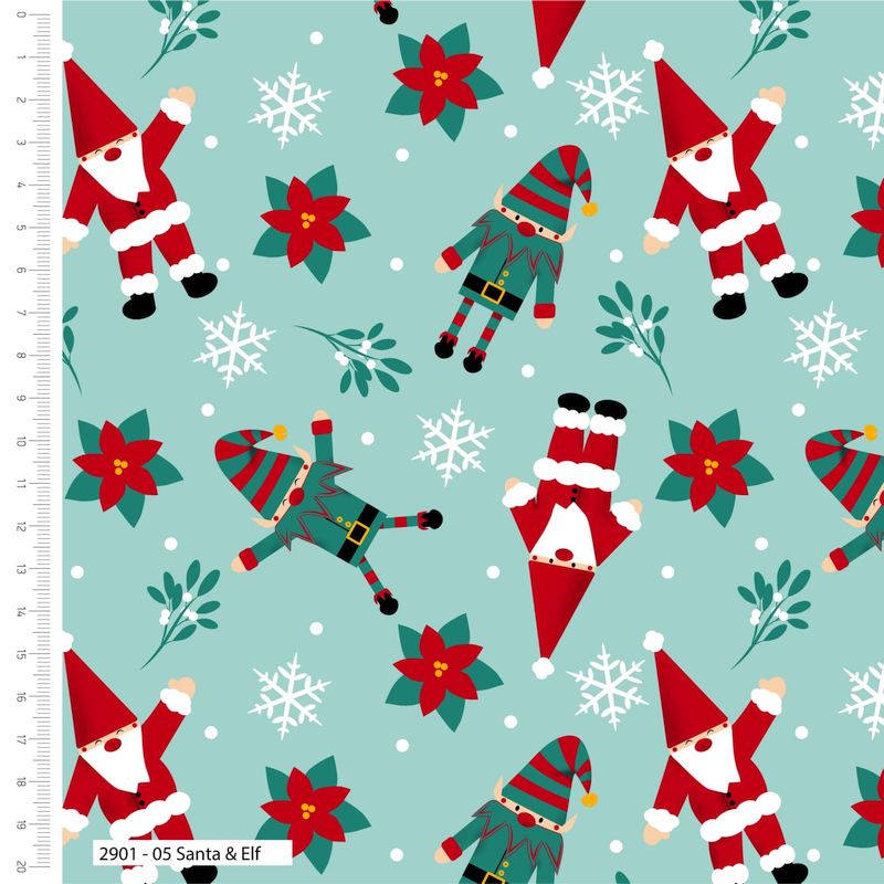 A Christmas-themed Quilting fabric featuring Santa Claus and elves on a blue background with snowflakes and poinsettias.