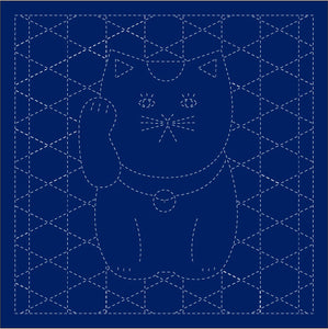 Daruma - Pre-printed Sashiko Fabric in Lucky Cat design on Indigo Background