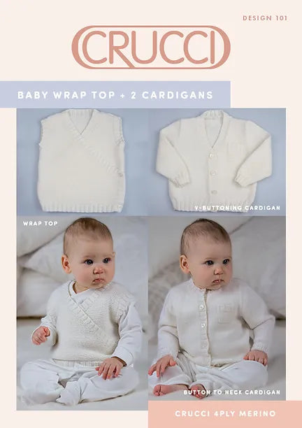 Crucci Knitting Pattern 101  - Babies Wrap Vest & Cardigan with V-neck or Crew Neck in 4-ply / Fingering for ages 0-12 months