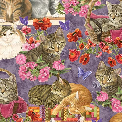 Cats 'N Quilts - Lovely pastel scene with Cats, Butterflies and Quilting Motifs on Lavender
