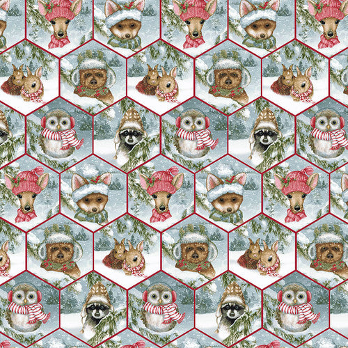 Magical Menagerie Honeycomb - Adorable Animals in Christmas Gear on a Snowy Blue Background