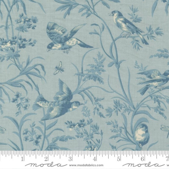 French General Antoinette Collection - Aviary De Trianon in Blue and Pearl on Ciel Blue