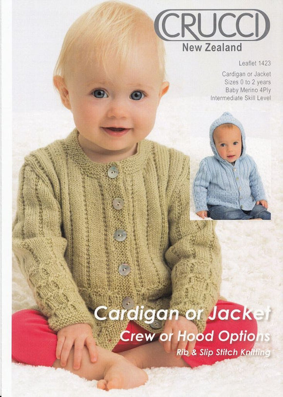 Crucci Knitting Pattern 1423  - Babies Textured Cardigan, Jacket or Hoodie in 4-ply / Fingering  for ages 0-24 months