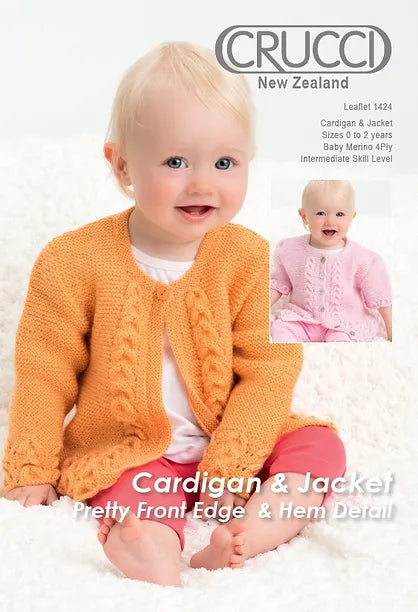 Crucci Knitting Pattern 1424  - Babies Cabled Cardigan or Jacket with Round Neck in 4-ply / Fingering  for ages 0-24