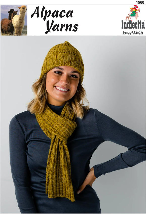 Indiecita Knitting Pattern 1560 - Adult Beanie and Scarf in 8-Ply / DK