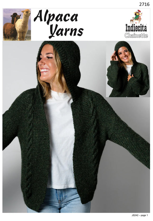 Indiecita Knitting Pattern 2716 - Ladies Cardigan with Hoodie & Cables in 10-Ply / Worsted-weight