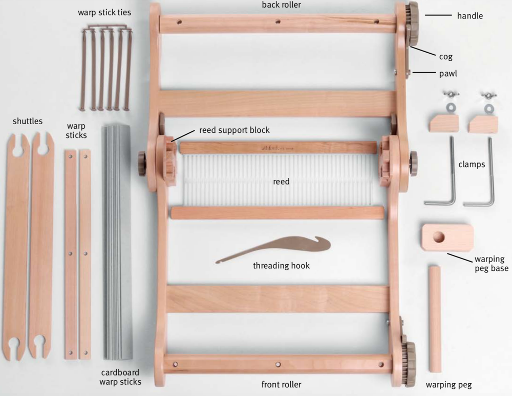 Wooden loom with labeled parts on a white background