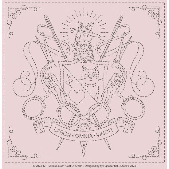 Sashiko Pre-printed Cloth Panel - Coat of Arms for Sewers! On Dusky Mauve-Pink with Owls, Cats & more