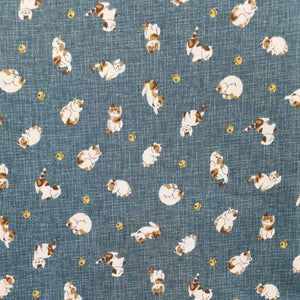 Yachi - Traditional Japanese design with Multi-coloured Cats & Balls on Linen-look Teal background