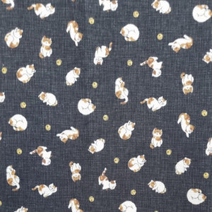 Yachi - Traditional Japanese design with Multi-coloured Cats & Balls on Linen-look Black background