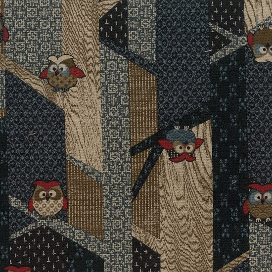 Santai - Traditional Japanese design with Multi-coloured Owls on Linen-look Navy and Olive background
