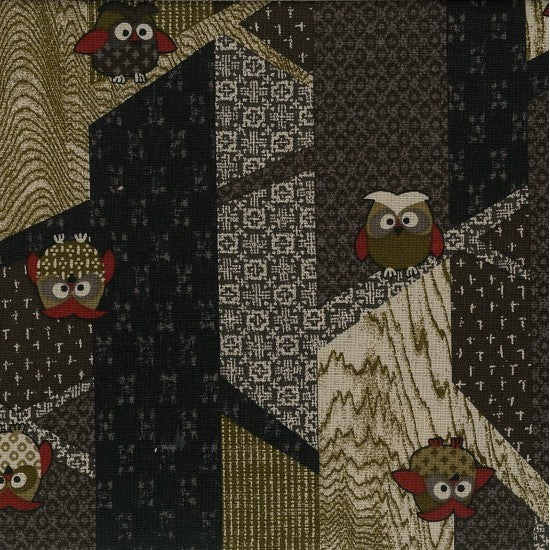 Santai - Traditional Japanese design with Multi-coloured Owls on Linen-look Black and Olive background