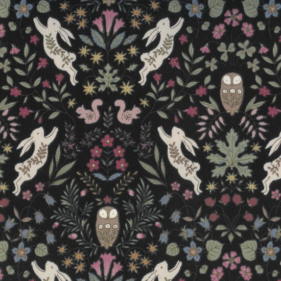 Soten - Forest print with Owls & Rabbits on Dark Charcoal Grey background