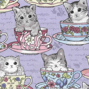 Toku - Lovely print with Kittens & Teacups on Lilac background