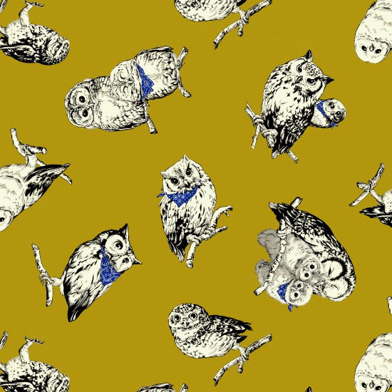 Koro - Lovely print with Owls on a Mustard background