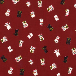 Nani -  Japanese design with Multi-coloured Lucky Cats Linen-look Red background