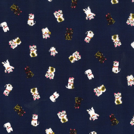 Nani -  Japanese design with Multi-coloured Lucky Cats Linen-look Indigo background