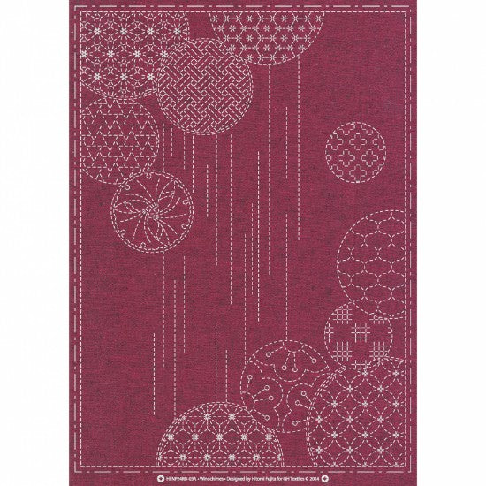 Sashiko Pre-printed Cloth Panel - Windchimes on Deep Burgundy-Red