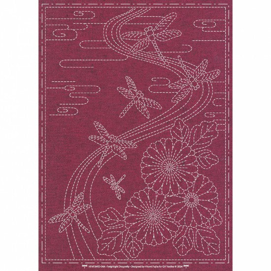 Sashiko Pre-printed Cloth Panel - Dragonfies on Deep Burgundy-Red