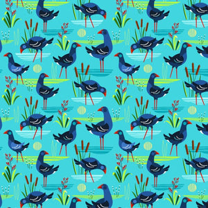 Early Birds - Pukeko and Flax in the Wetlands on turquoise background