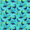 Quilt fabric by New Zealand designer Ellen Giggenbach with a pattern of pukeko birds and green plants on a blue background