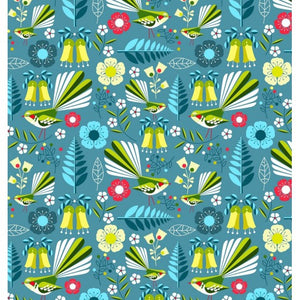 Early Birds - Piwakawaka (Fantail), Kowhai and Ferns on turquoise blue background