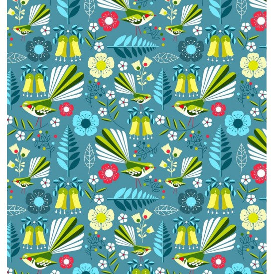 Early Birds - Piwakawaka (Fantail), Kowhai and Ferns on turquoise blue background