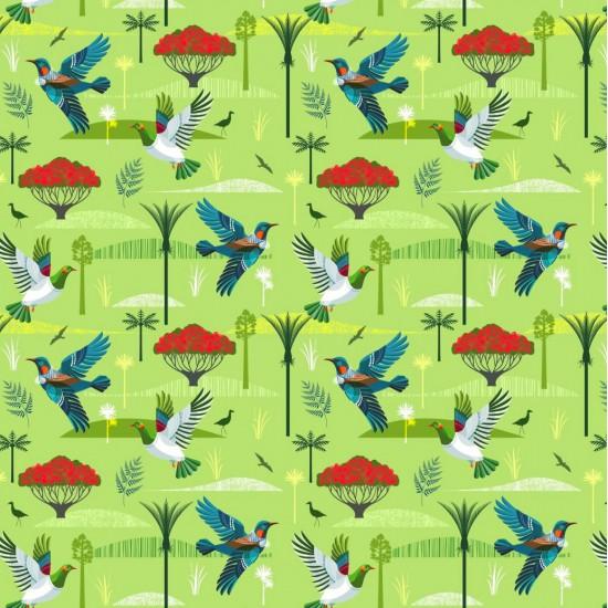 Land and Sea - Kereru, Tui and Pohutukawa on Lime Green