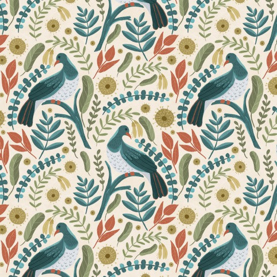 Bird Stories - Kereru (Wood Pigeon) in the native bush on off-white