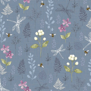 Woodland - Bees, Dragonflies & Flowers on Blue