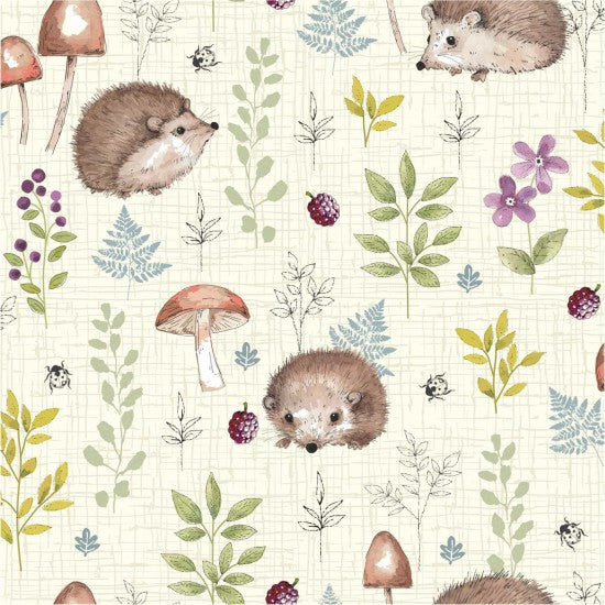 Quilt fabric designed in New Zealand with hedgehogs, mushrooms, and plants on a beige background