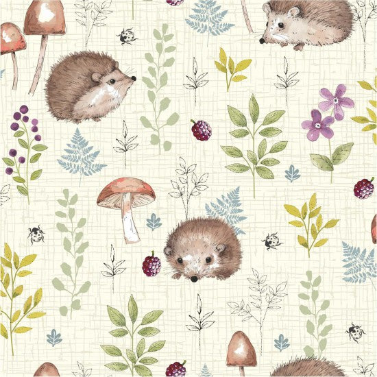Woodland - Hedgehogs, Beetles, Flowers & Berries on Off-White